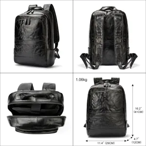 Stylish men's black leather backpack with large capacity, durable for daily business travel.
