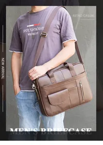Men brown leather business briefcase laptop bag casual shoulder messenger bag for daily work.