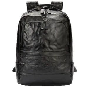 Men's black leather backpack vintage casual laptop school bag large capacity travel daypack
