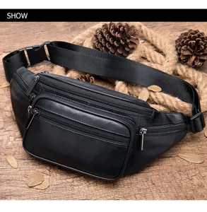 Mens vintage leather waist bag casual multi pocket chest bag for outdoor daily use