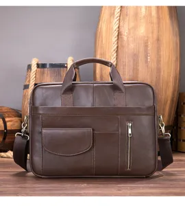 Brown leather business briefcase for men, featuring multiple storage pockets and sturdy handles.