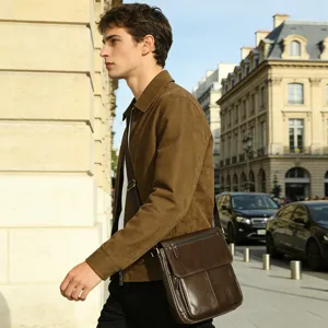 Sac Bandoulière en Cuir Véritable pour Homme Grande Capacité Cuir de Vachette Rabat Sac Messenger Casual d'Affaires