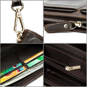 Cartera larga de negocios para hombre en cuero genuino con multiples ranuras para tarjetas.