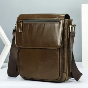 Sac bandoulière en cuir véritable pour homme, grand sac en cuir de vachette marron pour affaires.