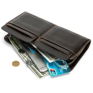 Cartera larga de cuero genuino para hombre de negocios con bolsillos dobles y tarjeteros.