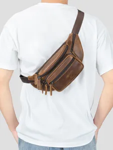 Vintage Genuine Leather Men Chest Bag Multi-Function Casual Crossbody Waist Bag Top-Layer Cowhide Chest Pack