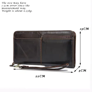 Cartera larga de cuero genuino para hombre, bolso de mano con doble bolsillo, vista frontal.