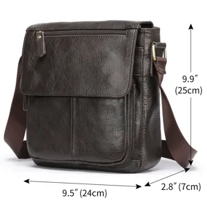 Sac bandoulière homme en cuir véritable, sacoche marron décontractée avec rabat et fermeture.