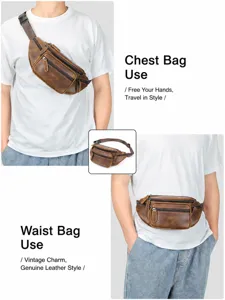 Vintage genuine leather chest bag for men, multi-functional casual waist pack retro style.