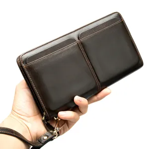 Cartera larga de cuero para hombre doble bolsillo bolso de mano de negocios con correa