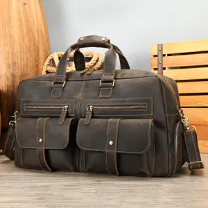Sac de Voyage Duffle en Cuir Véritable Vintage pour Hommes Grande Capacité Bagage avec Compartiment à Chaussures