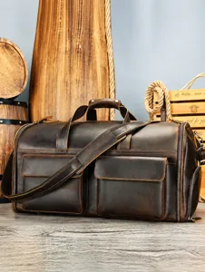 Vintage crazy horse leather travel duffel bag for men large capacity business luggage