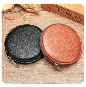 Round genuine leather coin purse mini zipper wallet vintage small pouch for keys and change.