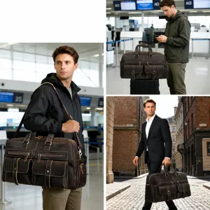 Sac de voyage en cuir véritable pour homme, grand sac week-end avec plusieurs poches.