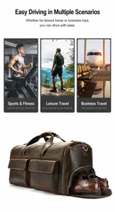 Vintage men's leather travel duffel bag large capacity weekender bag with shoe compartment