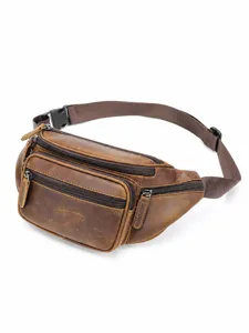 Vintage men's genuine crazy horse leather waist bag, multi-pocket fanny pack with adjustable strap.