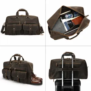 Sac de voyage en cuir veritable vintage avec compartiment a chaussures et espace pour pc.