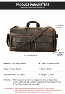 Detailed view of vintage genuine leather travel duffel bag showing dimensions and specs.