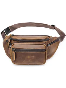 Retro genuine leather waist bag for men, multi-pocket canvas strap chest fanny pack brown.