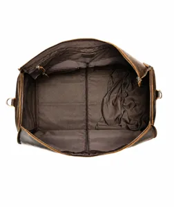 Men genuine leather travel duffel bag interior detail view with multi-functional storage pockets