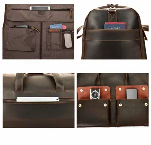 Genuine leather travel bag detailed view showcasing multiple functional pockets and durable zippers.