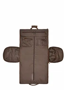 Men's expandable leather suit travel bag, foldable garment bag with multiple storage pockets.