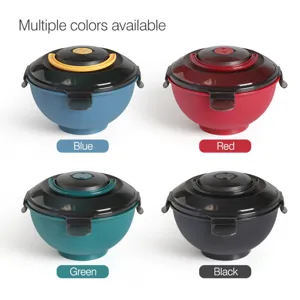 Portable microwave safe instant noodle bowl with lid and handle, available in four colors.