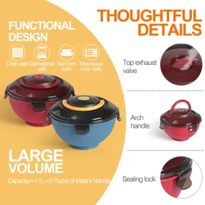 Portable plastic instant noodle bowl with sealing lid, handle, and 1.1L large capacity.