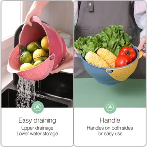 Dual layer rotating colander basket for fast kitchen draining, fruit washing and food storage.