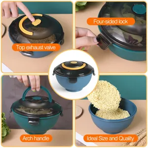 Detail view of portable instant noodle bowl with secure lid, handle, and valve features.