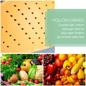 Detailed view of the yellow plastic draining basket showing uniform holes for fruit and veg.