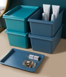 Dettaglio di scatola portaoggetti in plastica, contenitori impilabili multifunzione in blu e ottanio.