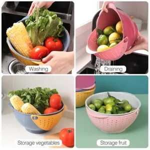 Double-layer plastic draining basket with lid for kitchen vegetable and fruit washing storage.