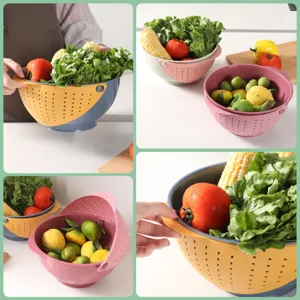 Double-layer plastic colander and fruit vegetable washing basket for kitchen storage.