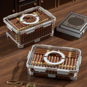 Transparent acrylic cigar humidor storage box featuring airtight seal and built-in hygrometer.