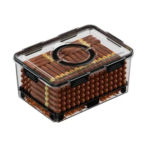 Clear plastic cigar humidor storage box with airtight seal and locking latches for cigars