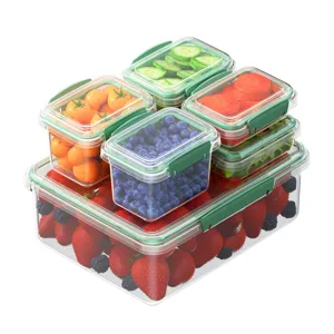 6-piece clear food storage containers with airtight green lids, perfect for fridge organization.