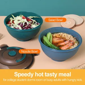 Portable plastic microwave noodle bowl and salad bowl set, perfect for student dorms.