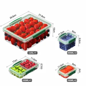 Detailed view showing dimensions and multi-size capacities of airtight food storage containers.