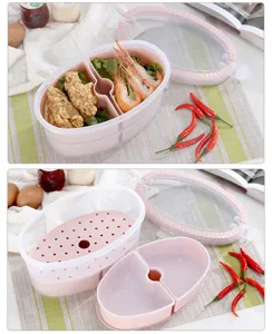 Porta pranzo ovale a doppio strato con scomparti e piatto scolapiatti, contenitore rosa.