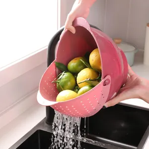 Plastic kitchen draining basket for washing fruits and vegetables, pink dual-layer colander