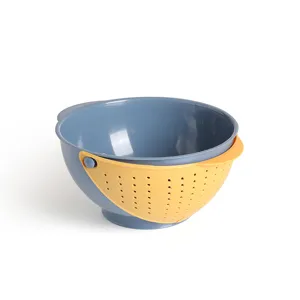 Double layer plastic kitchen draining basket fruit washing colander bowl with rotating design