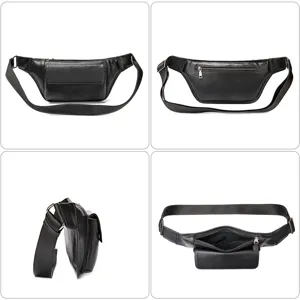 Men casual genuine leather chest bag stylish black waist bag multi-pocket crossbody bag