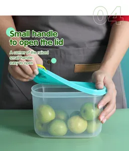 Detail shot of transparent plastic food storage container with lid and handle, ideal for kitchen organization.
