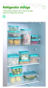 Set di contenitori per alimenti in plastica trasparente con coperchi blu per frigorifero.