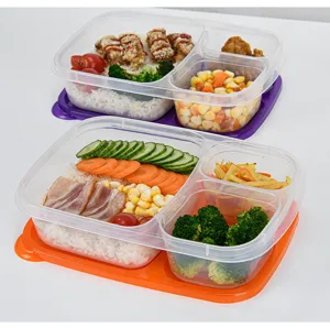 Dreiteilige Kunststoff-Brotdose mit farbigem Deckel für Meal Prep, Picknick und Aufbewahrung.