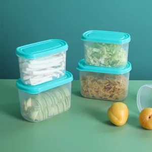 Clear plastic food storage container set with blue lids for kitchen refrigerator sorting and snack.