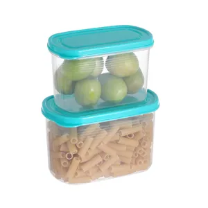 Transparent plastic food storage container set with teal lids for kitchen fridge organizer.
