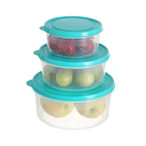 Set di 3 contenitori per alimenti in plastica trasparente con coperchi turchesi per cucina.