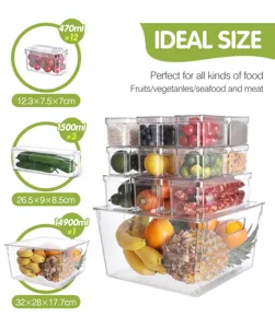 Set di contenitori in plastica trasparente con coperchio per organizzare frutta e frigorifero.